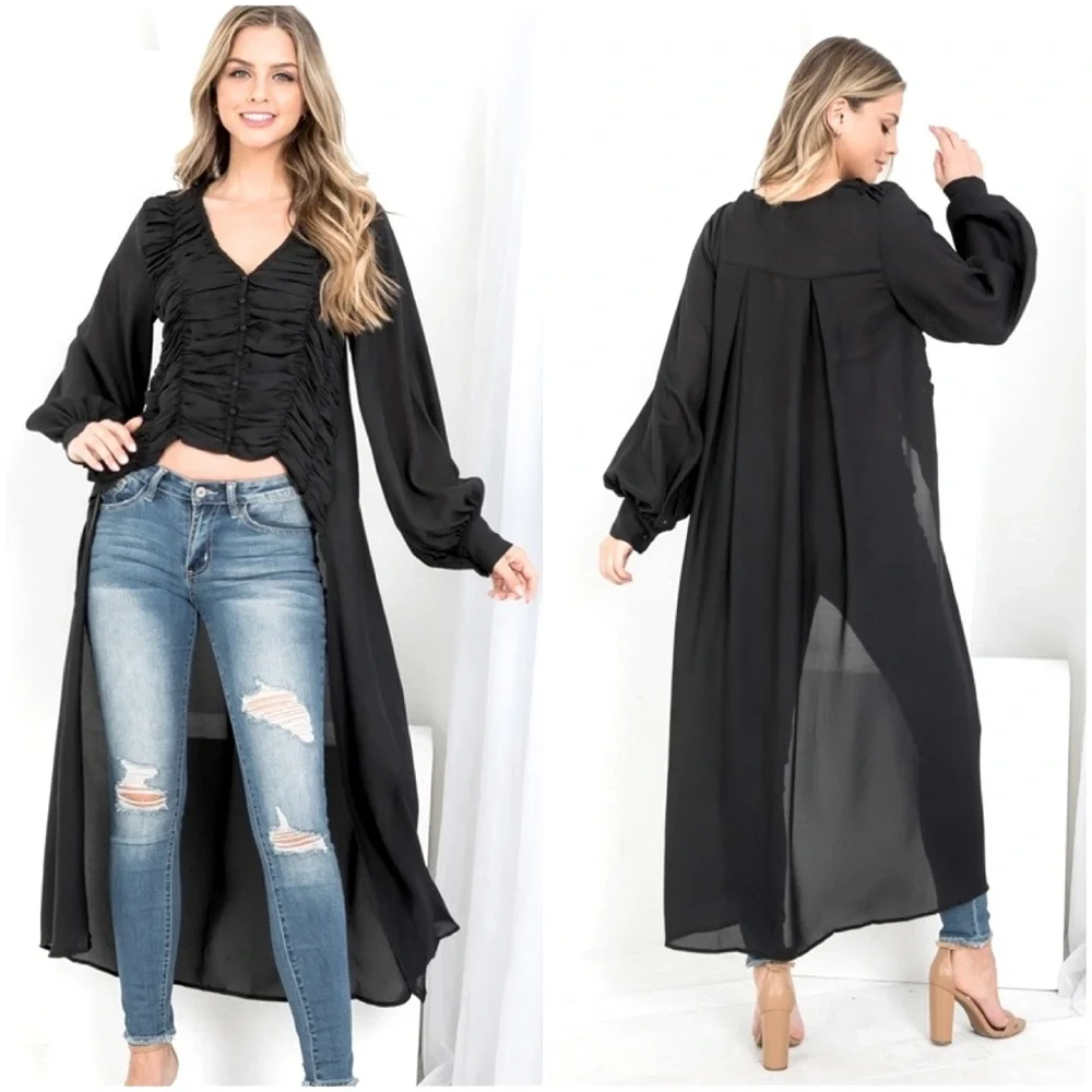 BLACK RUCHED HI-LO BUTTON DETAIL TOP - Picture 3 of 3